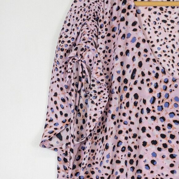 Cabi Black Pink Chiffon Leopard Print Short Ruched Sleeve Blouse Top Women Small - Picture 3 of 6